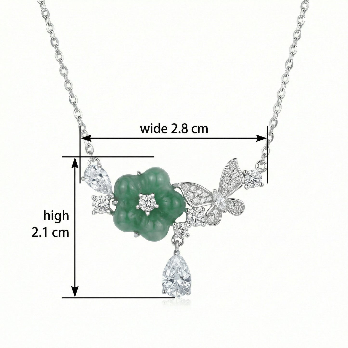 925 Sterling Silver Elegant Silver Necklace Featuring Green Jade Flower and Diamond Butterfly Accents