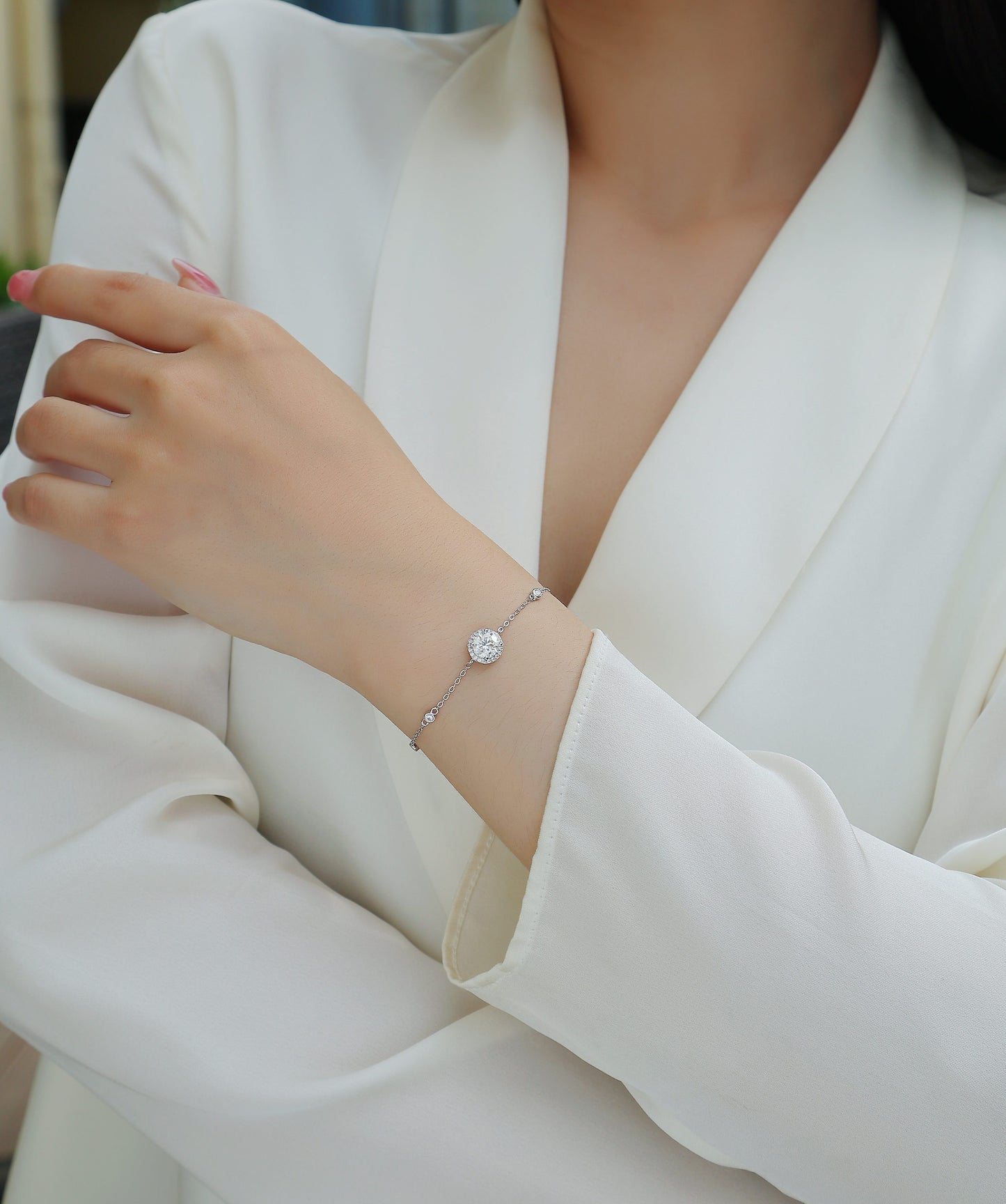 D Color VVS1 Moissanite Halo Station Bracelet | S925 Sterling Silver Platinum Plated Adjustable