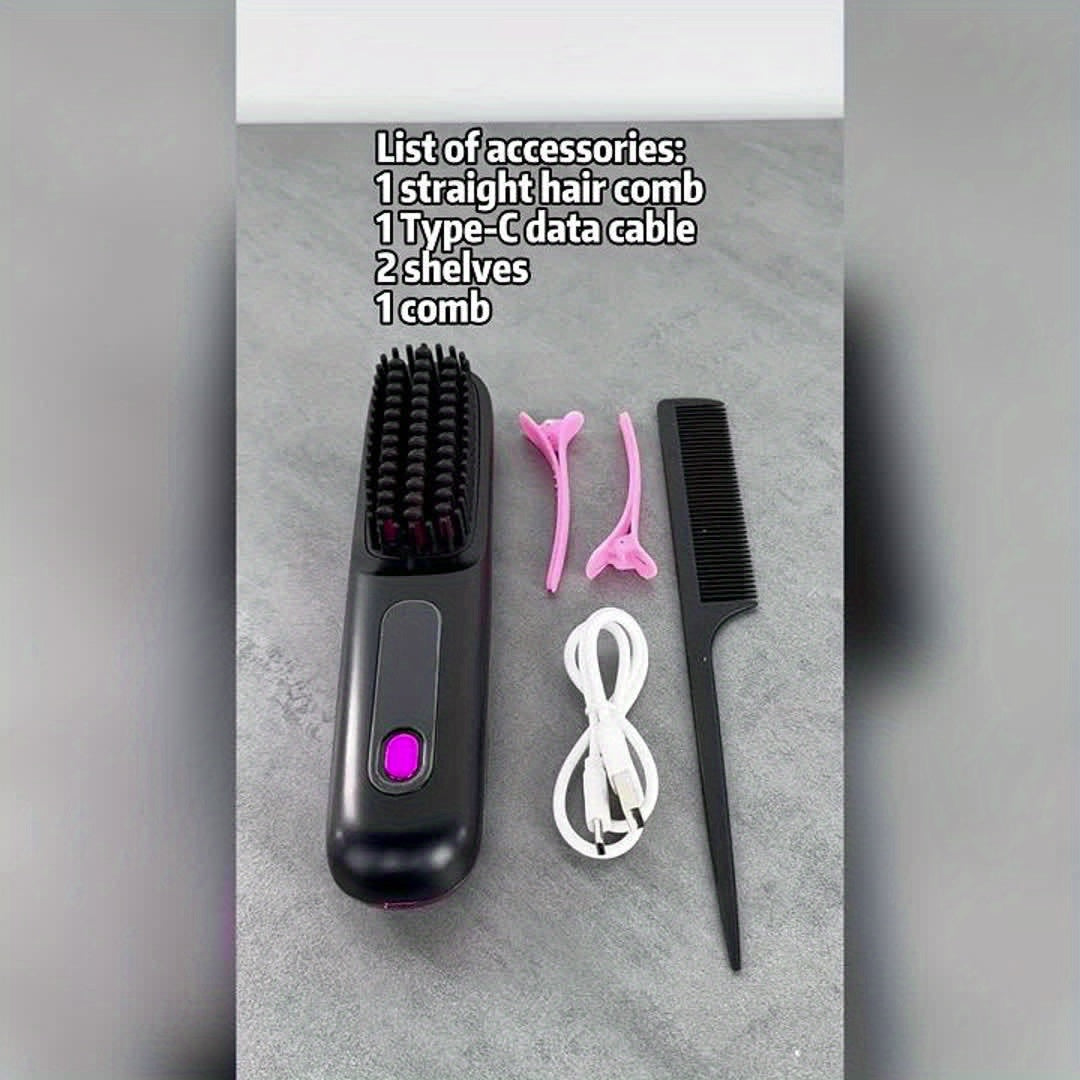Cordless Hair Straightener Brush: Rapid Heating, USB Rechargeable Hot Comb for Women