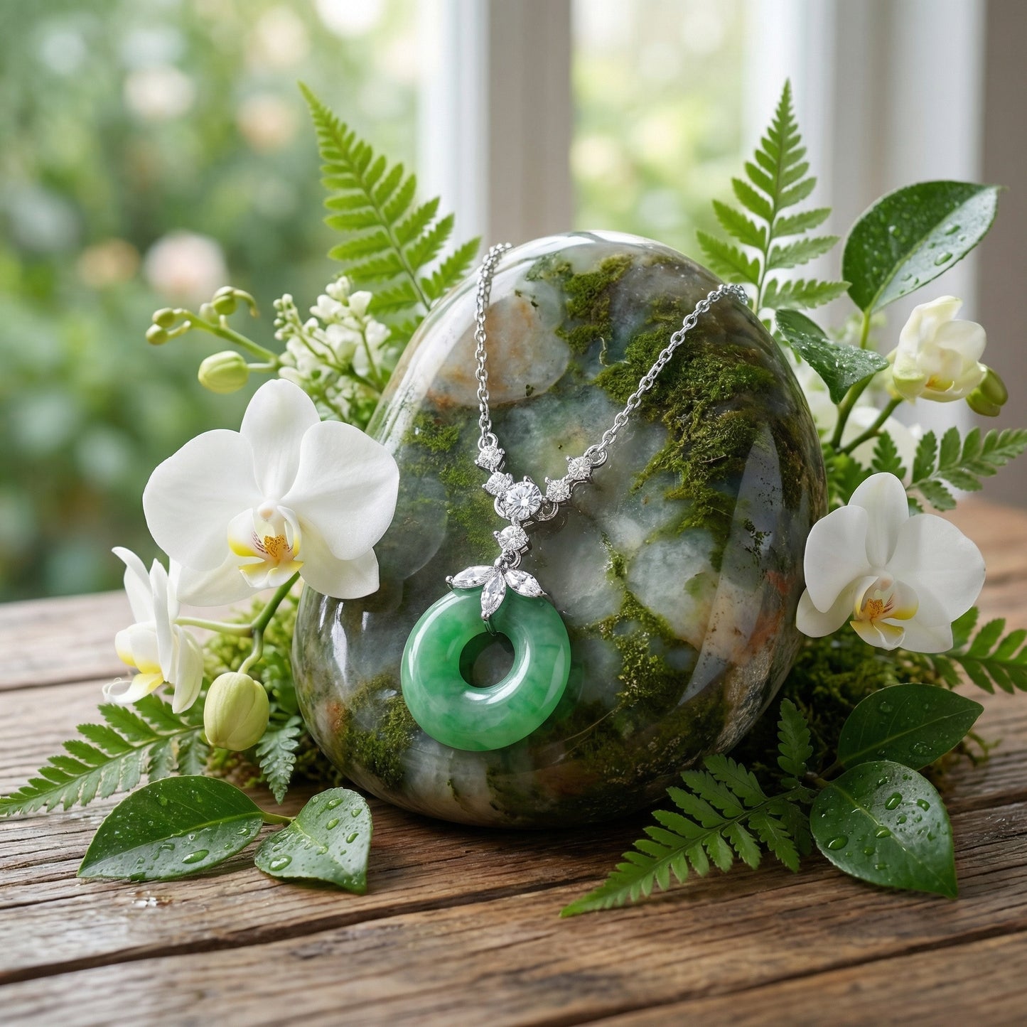 925 Sterling Silver Elegant Green Jade Pi Disc Pendant Necklace with Shimmering Crystal Accents