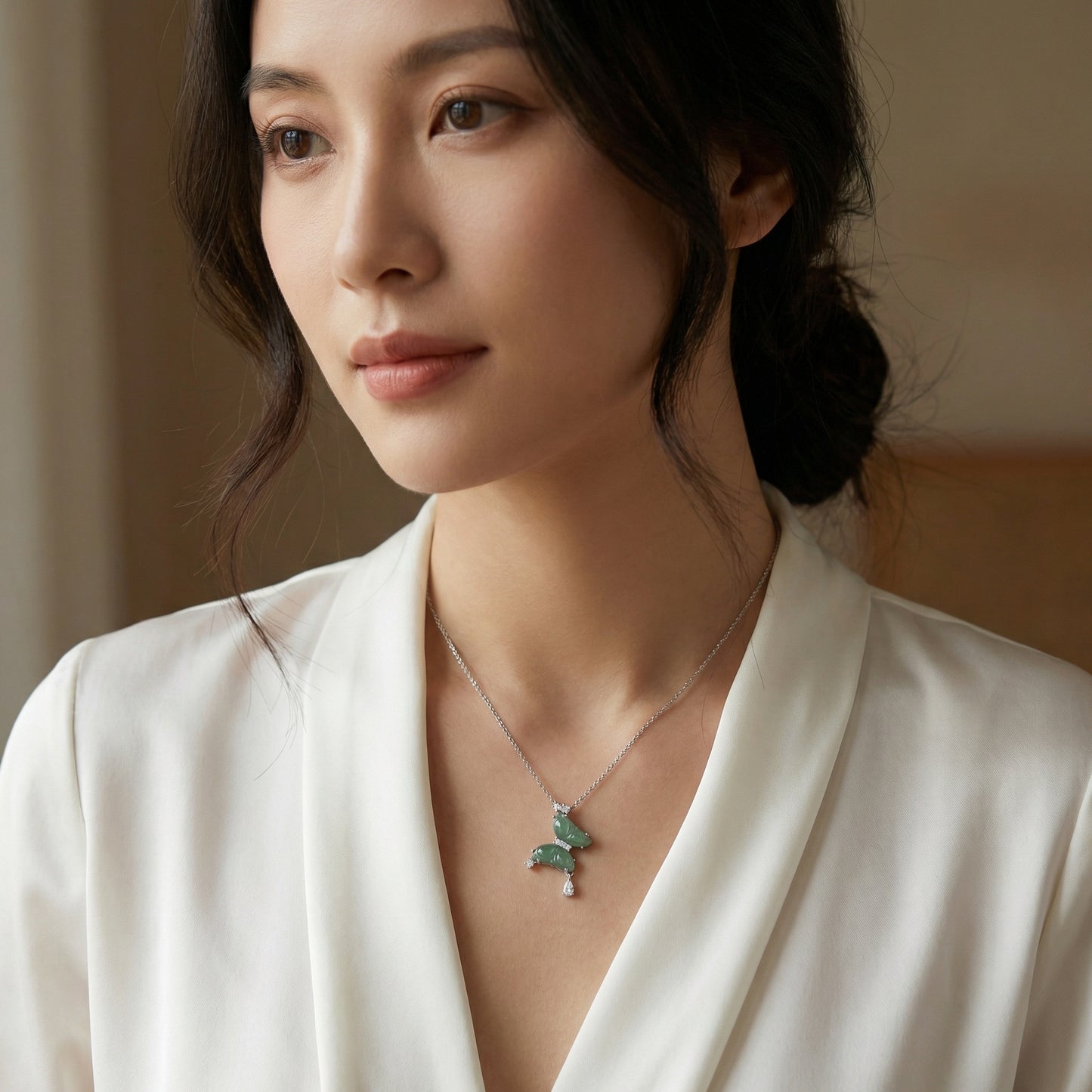 925 Sterling Silver Elegant Green Jade Butterfly Pendant Necklace with Brilliant Diamond Accents