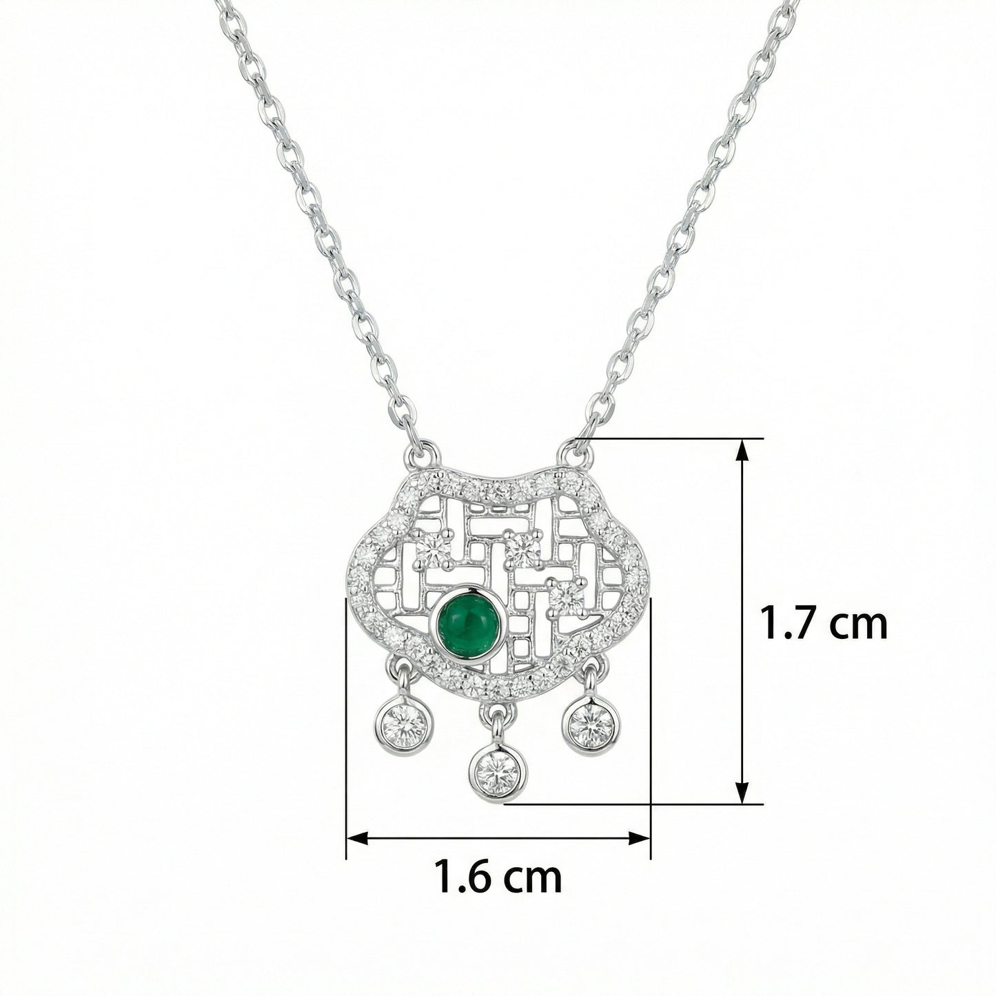 925 Sterling Silver Elegant Longevity Lock Necklace with Vibrant Green Gemstone and Sparkling Brilliant Accents
