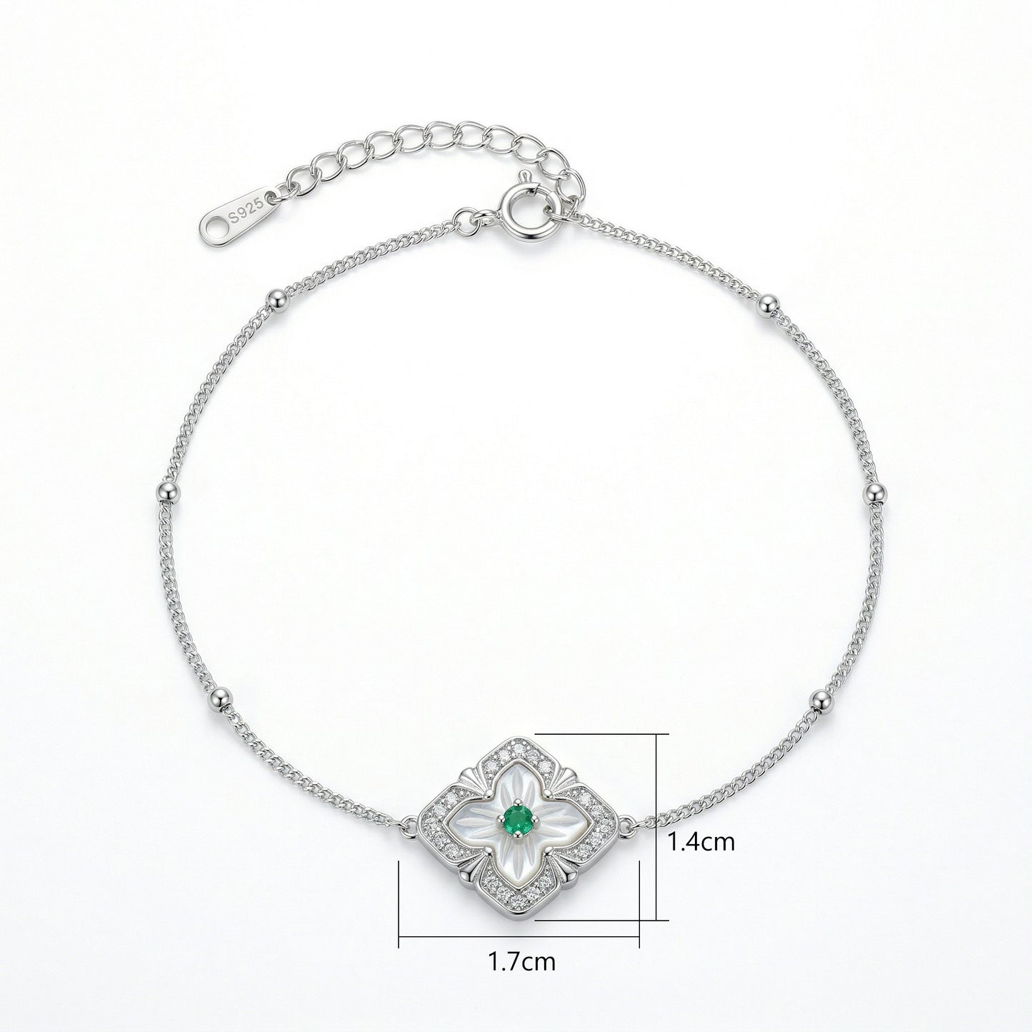 925 Sterling Silver Elegant Sterling Silver Clover Bracelet with Mother of Pearl and Green Gemstone