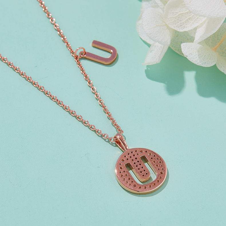 Luxury Initial Letter Necklace Pendant – U , S925 Silver Rose Gold Plated with Top-Quality Brilliant Moissanite