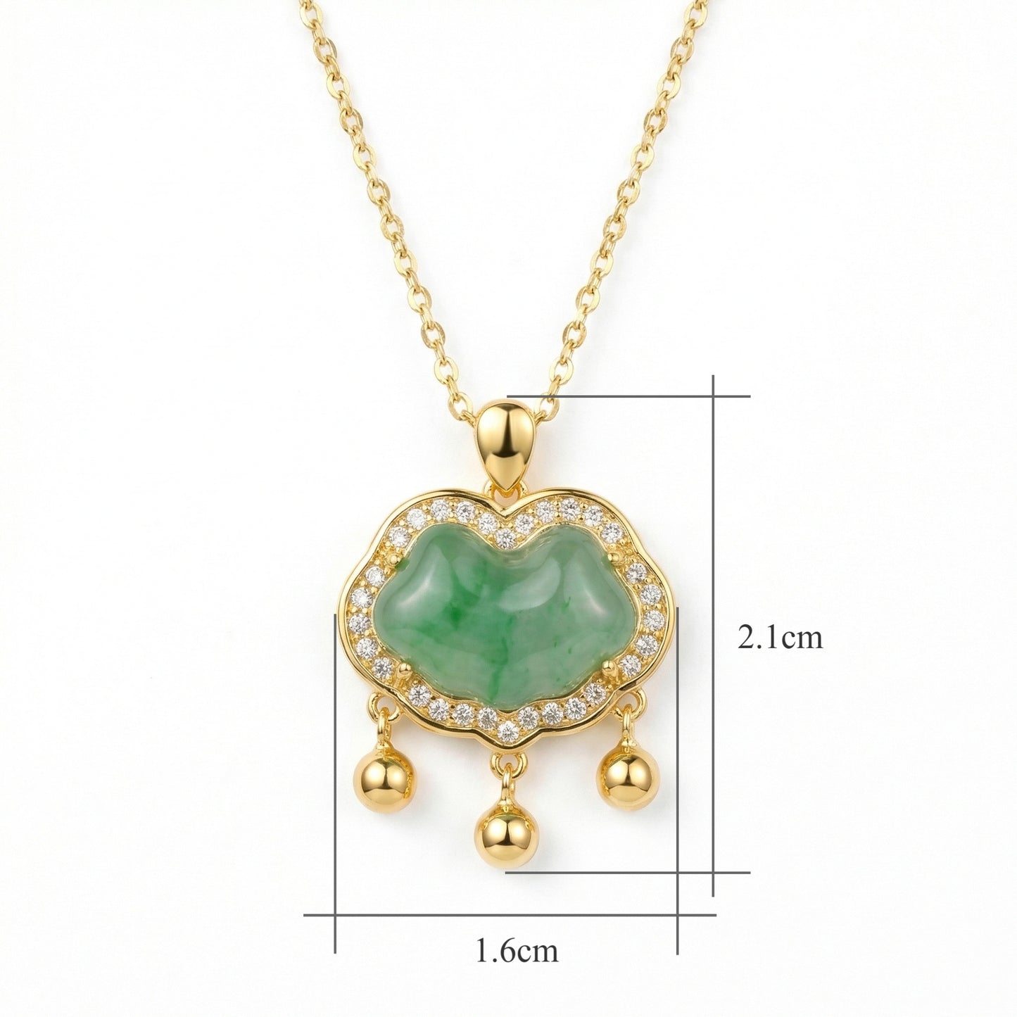 925 Sterling Silver Elegant Green Jadeite Ruyi Pendant Necklace Adorned with Radiant Diamonds and Hanging Accents
