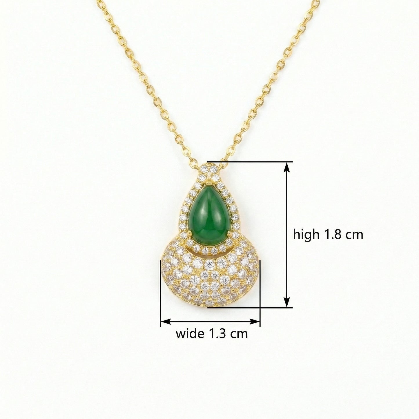 925 Sterling Silver Elegant Green Jadeite Gourd Pendant Necklace with Shimmering Crystal Accents