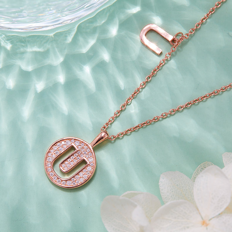 Luxury Initial Letter Necklace Pendant – U , S925 Silver Rose Gold Plated with Top-Quality Brilliant Moissanite