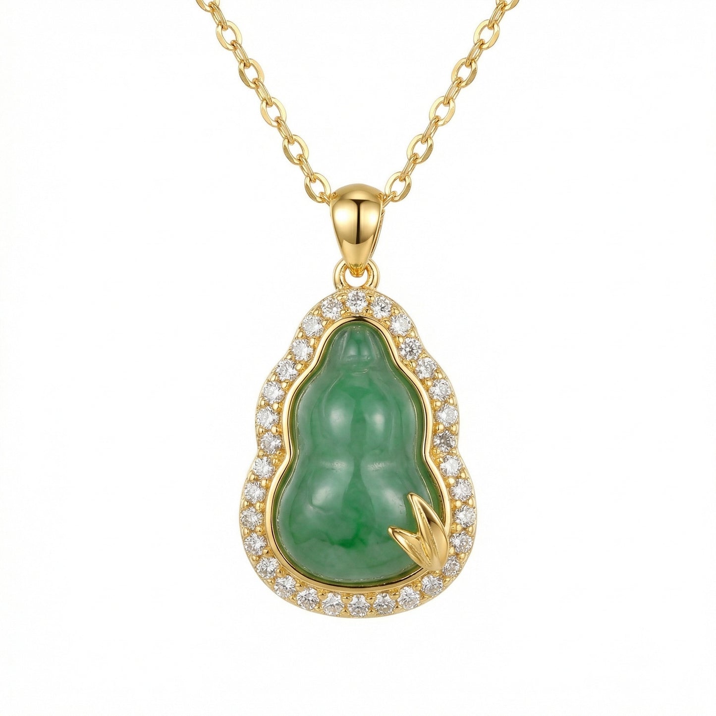 925 Sterling Silver Exquisite Green Jade Gourd Necklace with Radiant Stone Border and Delicate Leaf Motif