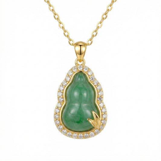 925 Sterling Silver Exquisite Green Jade Gourd Necklace with Radiant Stone Border and Delicate Leaf Motif