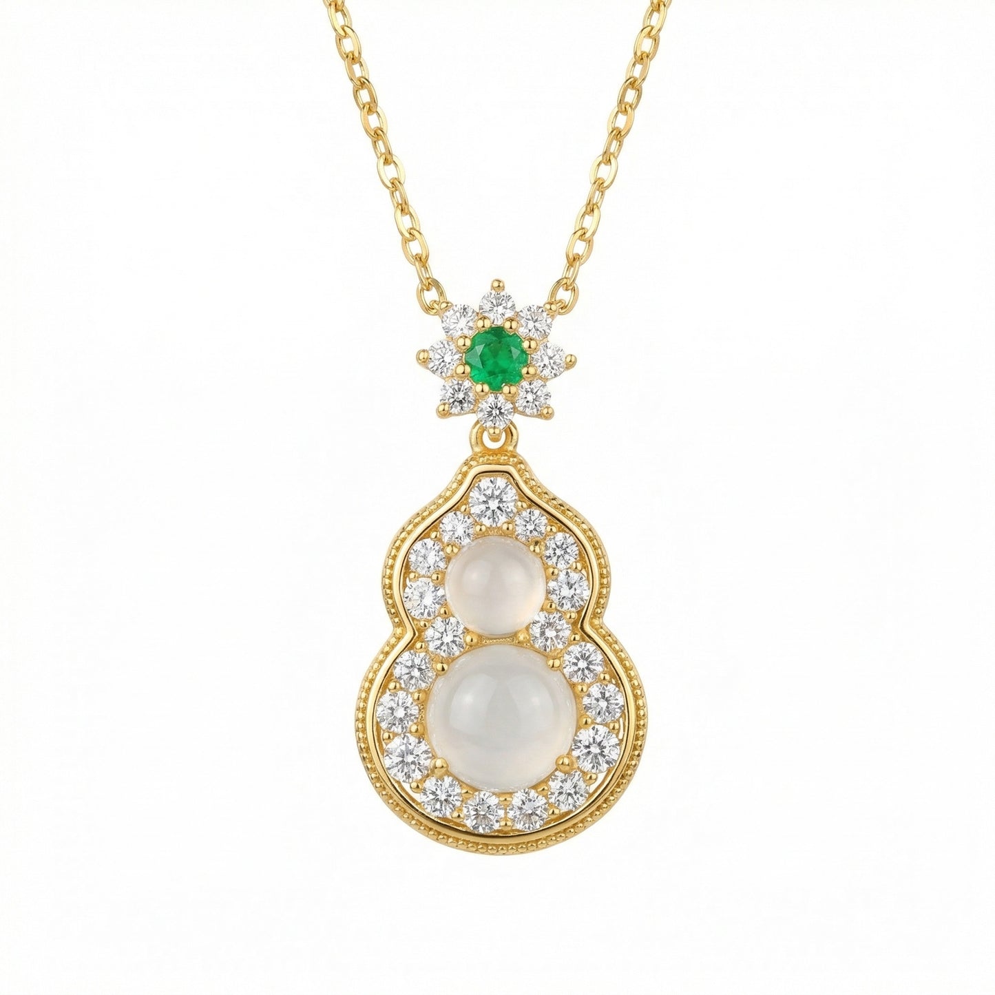 925 Sterling Silver Elegant Moonstone and Emerald Gourd Pendant Necklace with Brilliant Diamond Accents