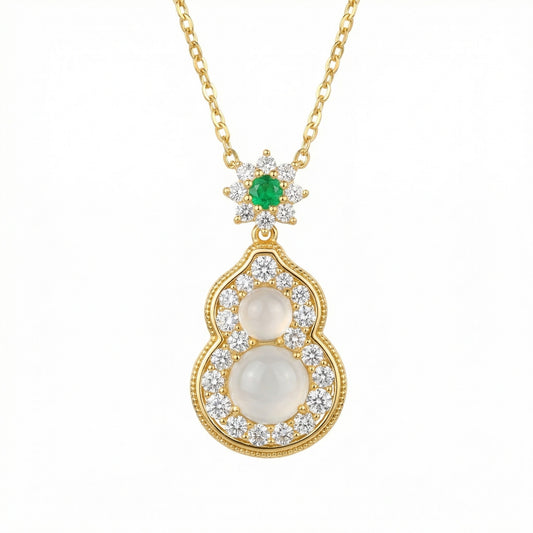 925 Sterling Silver Elegant Moonstone and Emerald Gourd Pendant Necklace with Brilliant Diamond Accents