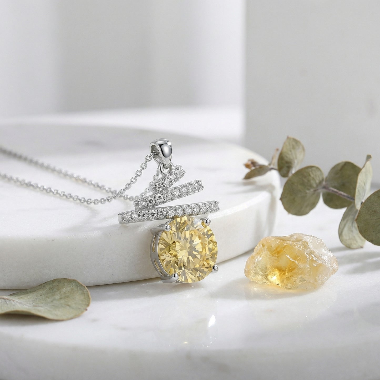 925 Sterling Silver Radiant Citrine-Tone Gemstone Spiral Pendant Necklace with Sparkling Accents