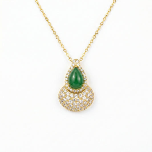 925 Sterling Silver Elegant Green Jadeite Gourd Pendant Necklace with Shimmering Crystal Accents