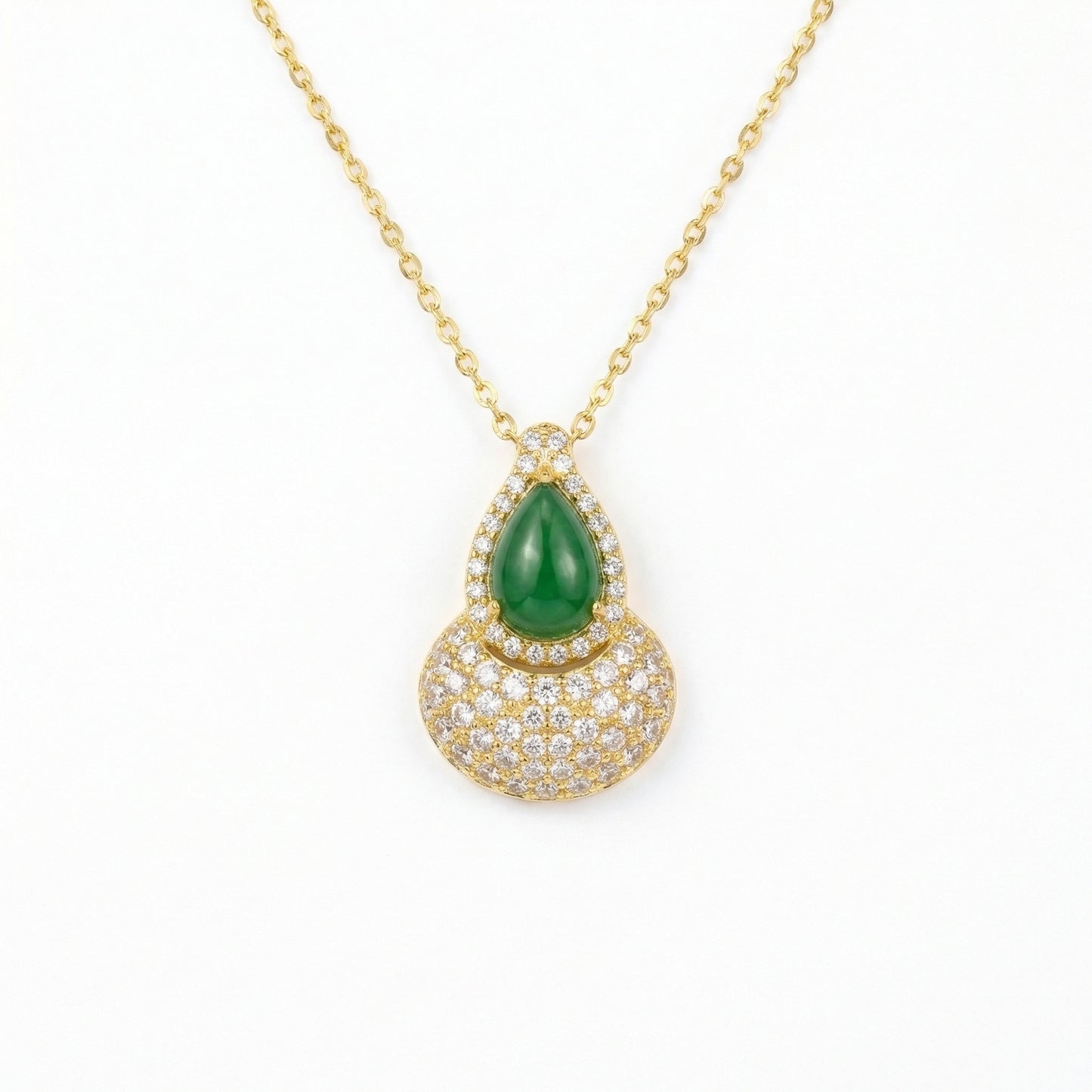 925 Sterling Silver Elegant Green Jadeite Gourd Pendant Necklace with Shimmering Crystal Accents