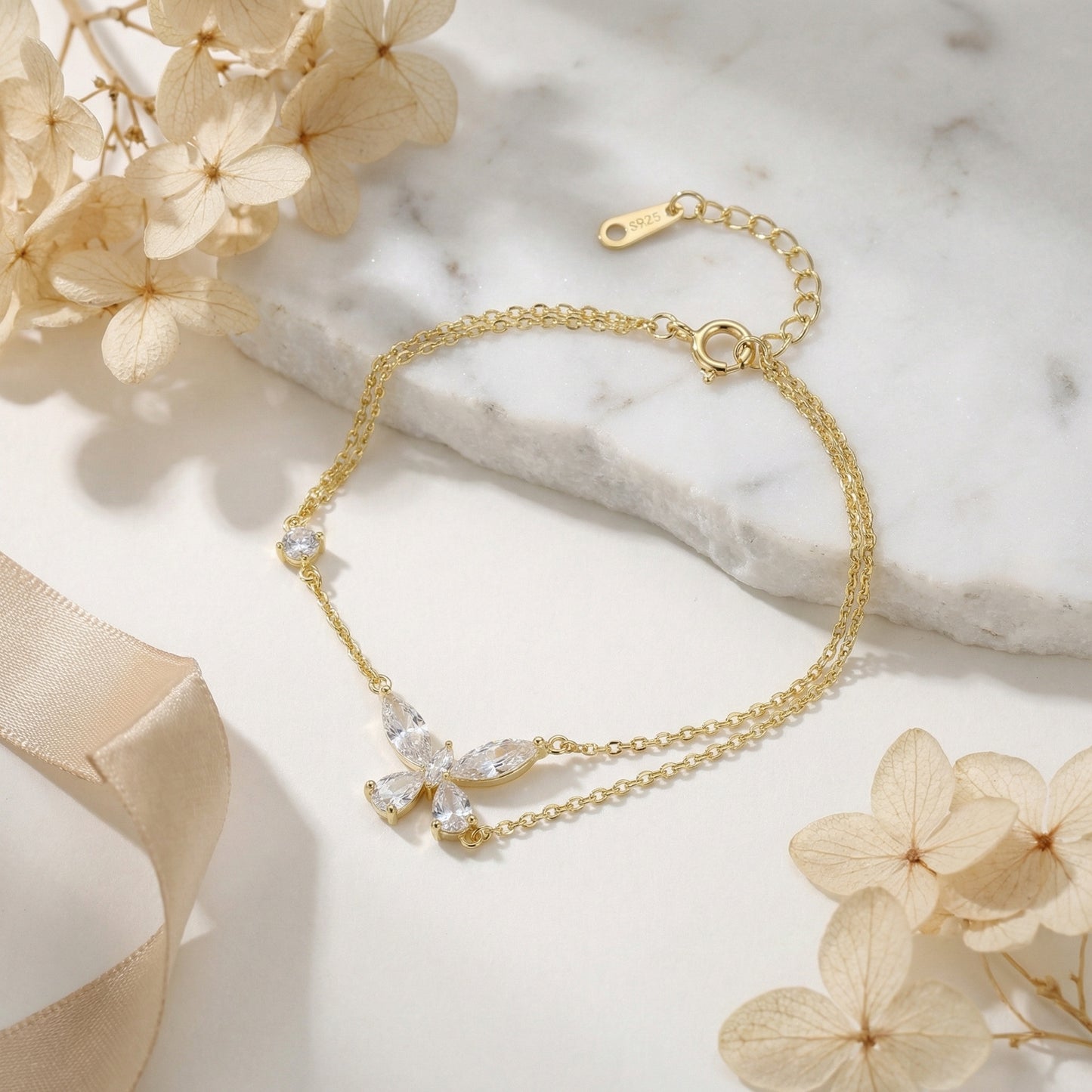 925 Sterling Silver Dainty Butterfly Crystal Bracelet with Double Layer Chain for Women