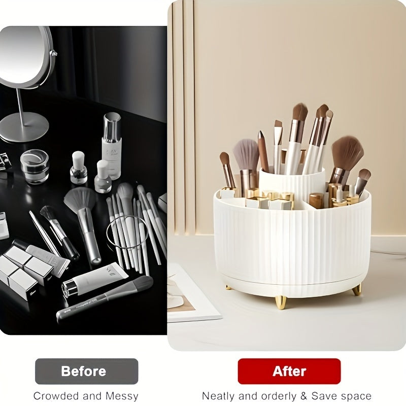 360° Rotating Makeup Brush Holder with 5 Compartments – Space-Saving Organizer for Cosmetics & Accessories