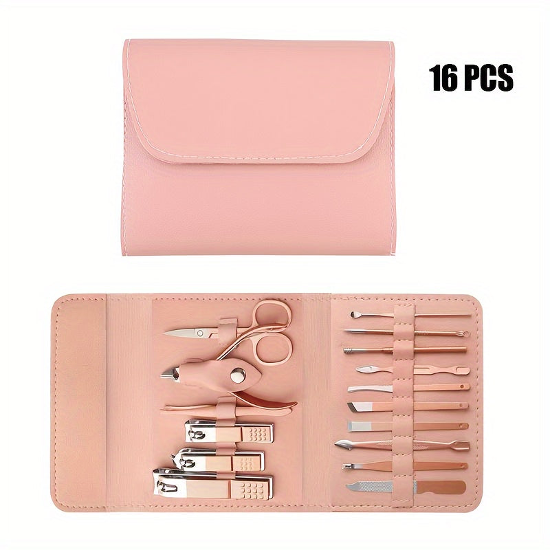 16pcs Multi-Functional Stainless Steel Manicure & Pedicure Tool Set with Folding Travel Bag