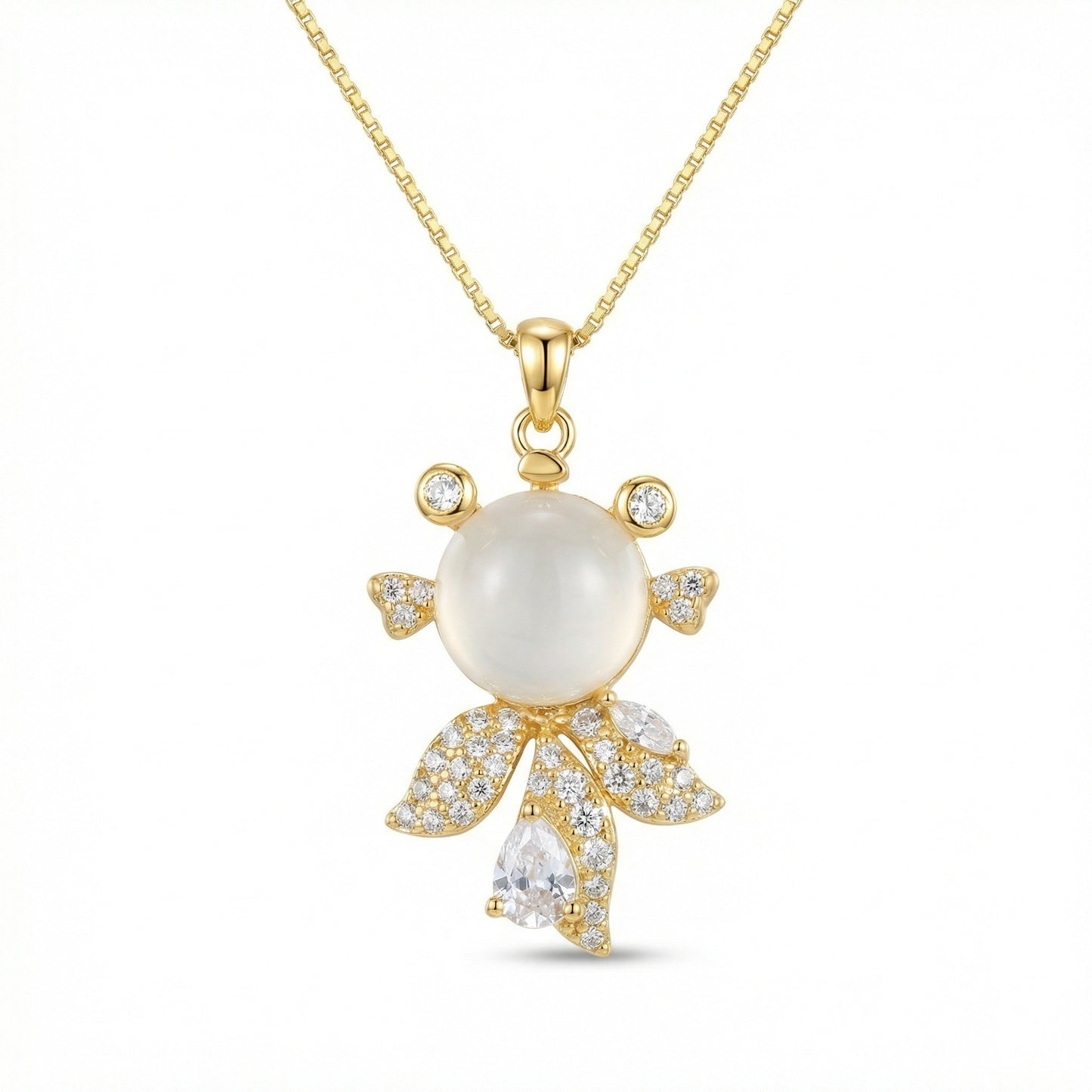 925 Sterling Silver Whimsical Fish Pendant Necklace with Luminous White Gemstone and Shimmering Crystal Accents