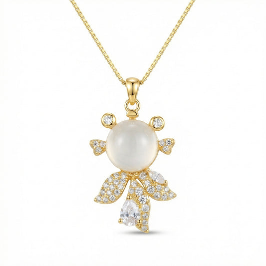 925 Sterling Silver Whimsical Fish Pendant Necklace with Luminous White Gemstone and Shimmering Crystal Accents