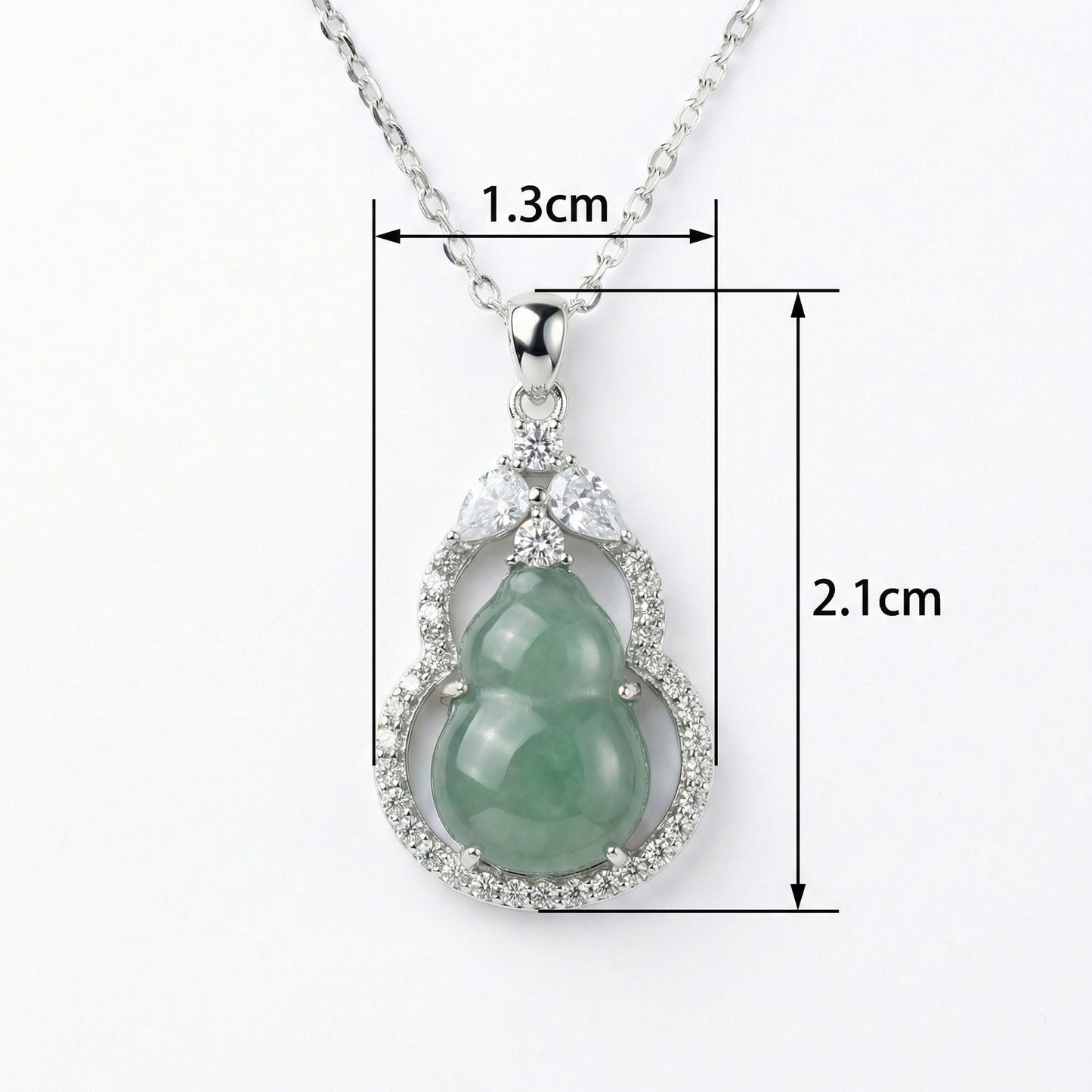925 Sterling Silver Elegant Green Jadeite Hulu Gourd Pendant Necklace with Shimmering Stone Accents