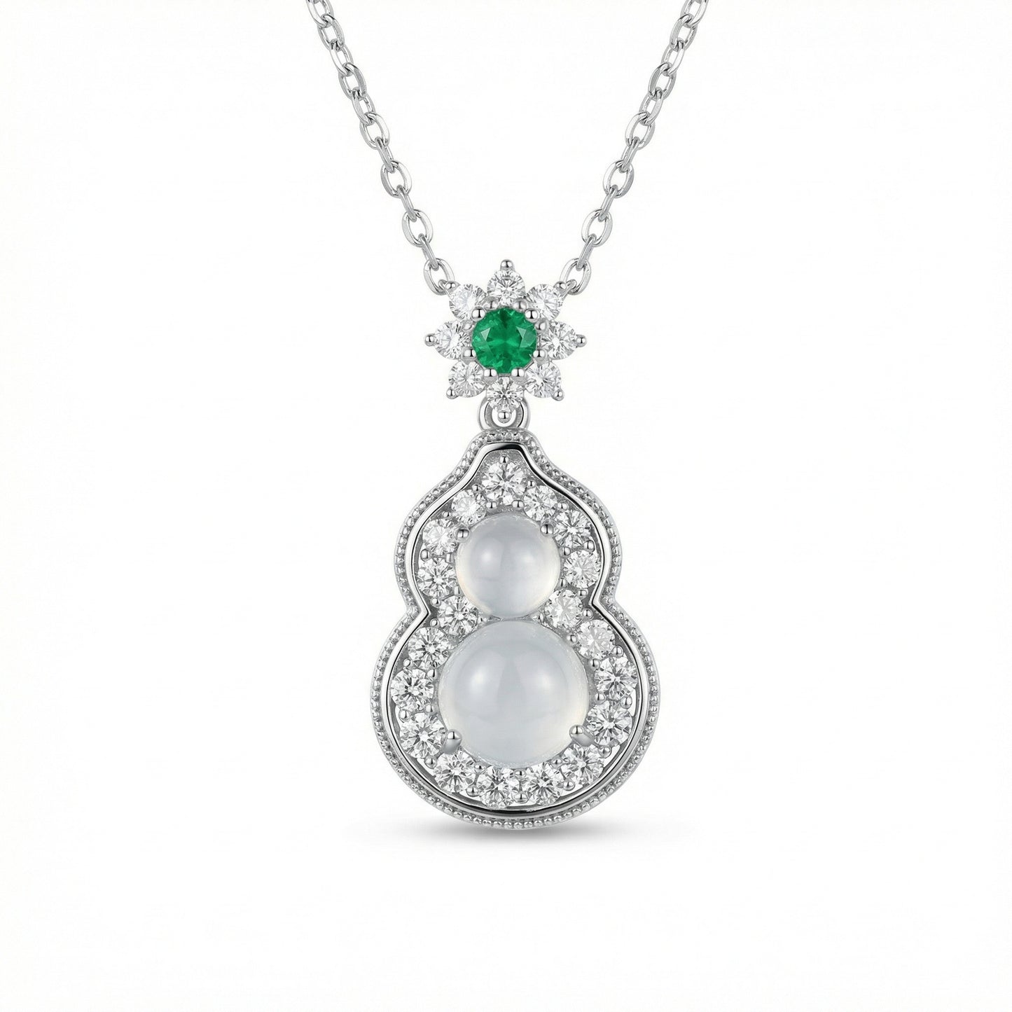 925 Sterling Silver Elegant Hulu Pendant Necklace with Translucent Moonstones and Green Emerald Accent