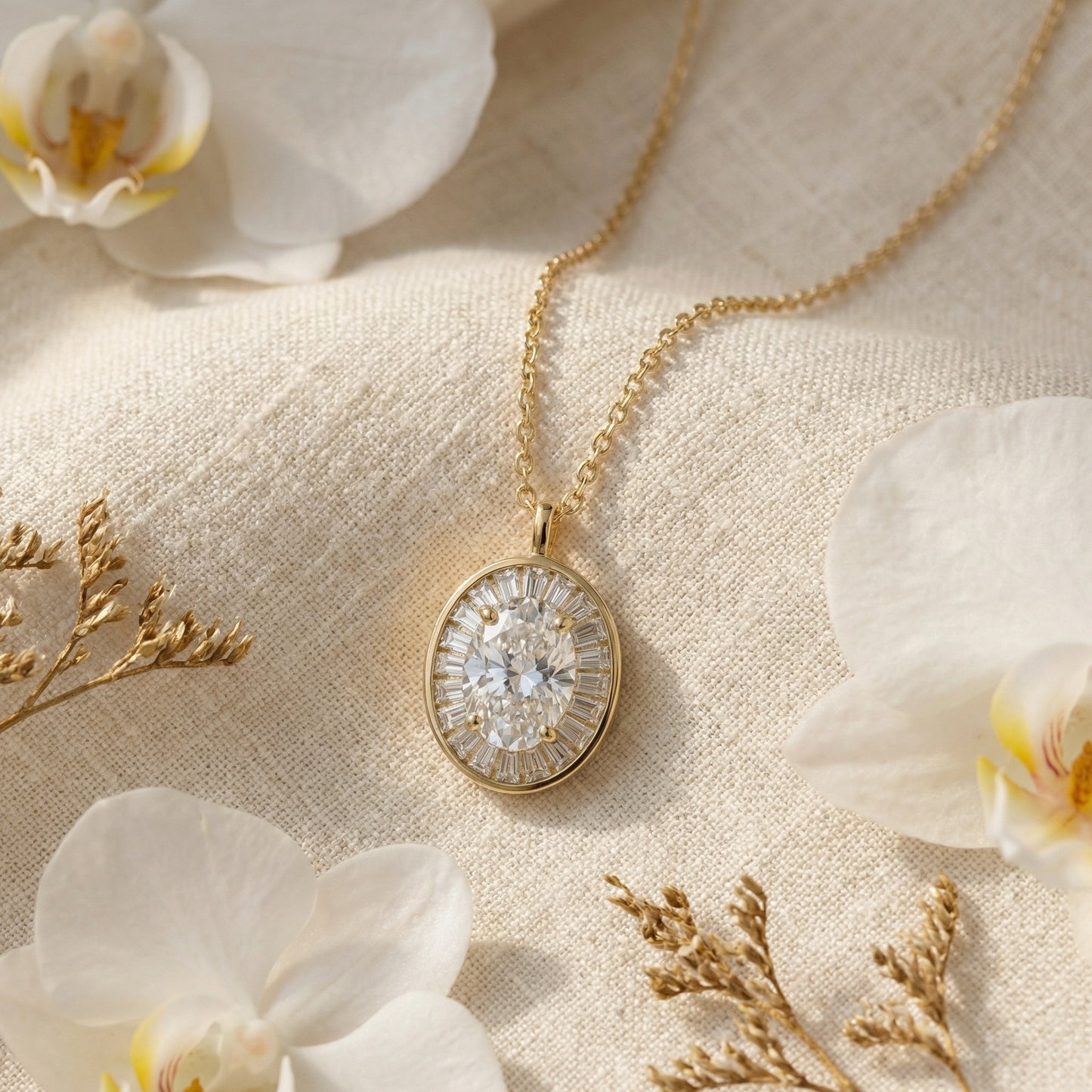 925 Sterling Silver Radiant Oval Diamond Sunburst Pendant Necklace with Baguette Accents
