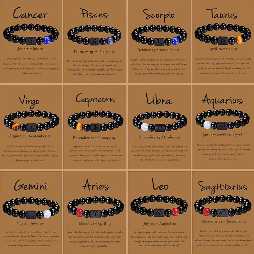 Unisex 12 Constellation Natural Black Obsidian Beaded Bracelets