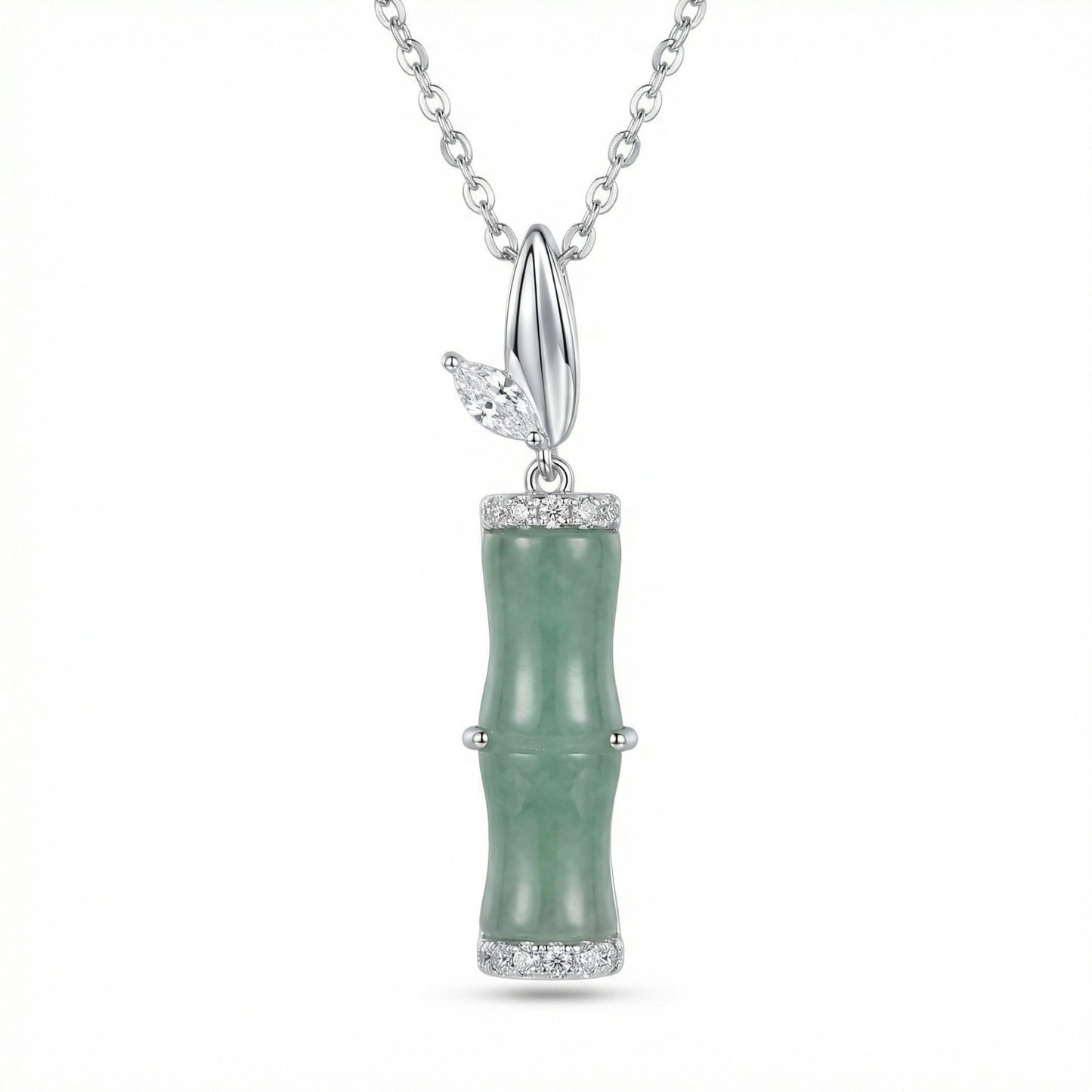 925 Sterling Silver Elegant Green Jade Bamboo Pendant Necklace with Cubic Zirconia Accents