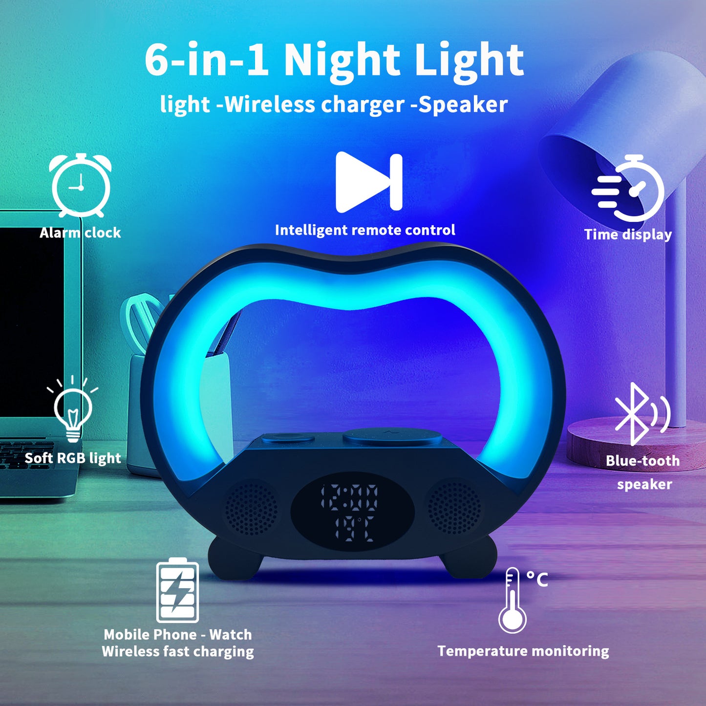 6-in-1 Intelligent LED Table Lamp with Bluetooth Speaker, Wireless Charger, & Smart Remote Control – RGB Night Light, Alarm Clock, Time & Temperature Display