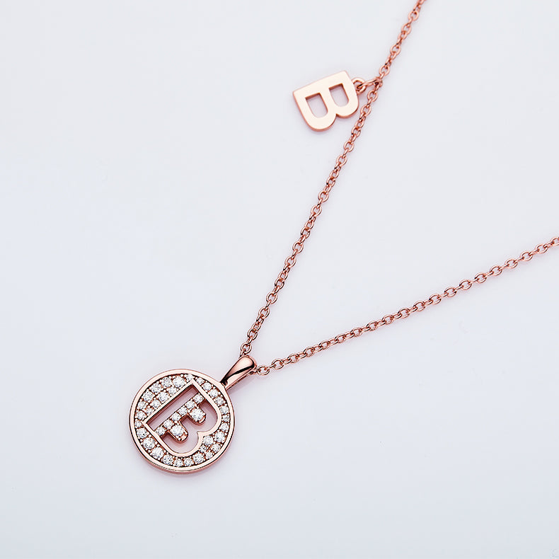 Luxury Initial Letter Necklace Pendant – B , S925 Silver Rose Gold Plated with Top-Quality Brilliant Moissanite