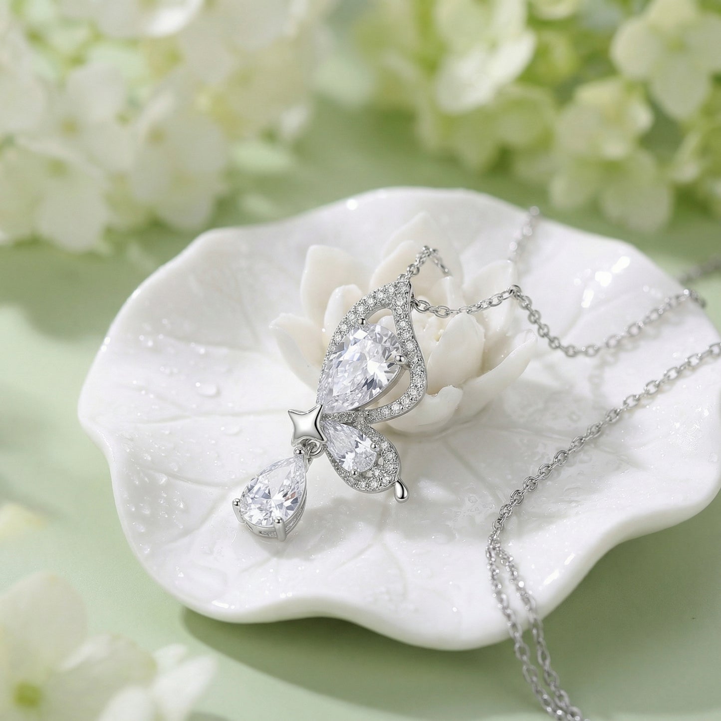 925 Sterling Silver Elegant Sterling Silver Butterfly Pendant Necklace with Sparkling Pear-Shaped Zirconia