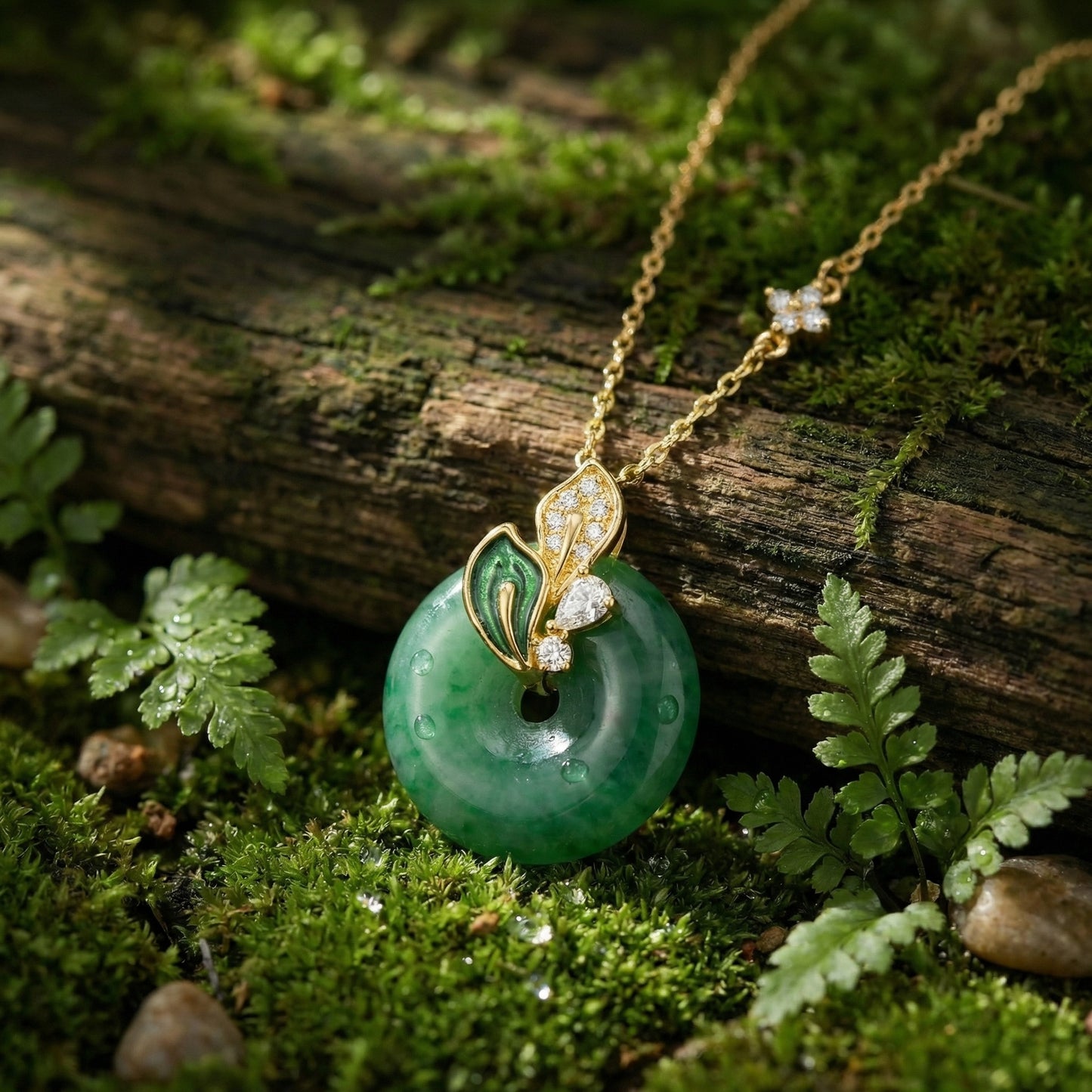 925 Sterling Silver Elegant Green Jadeite Donut Necklace with Sparkling Floral Accents and Enamel Leaf Details