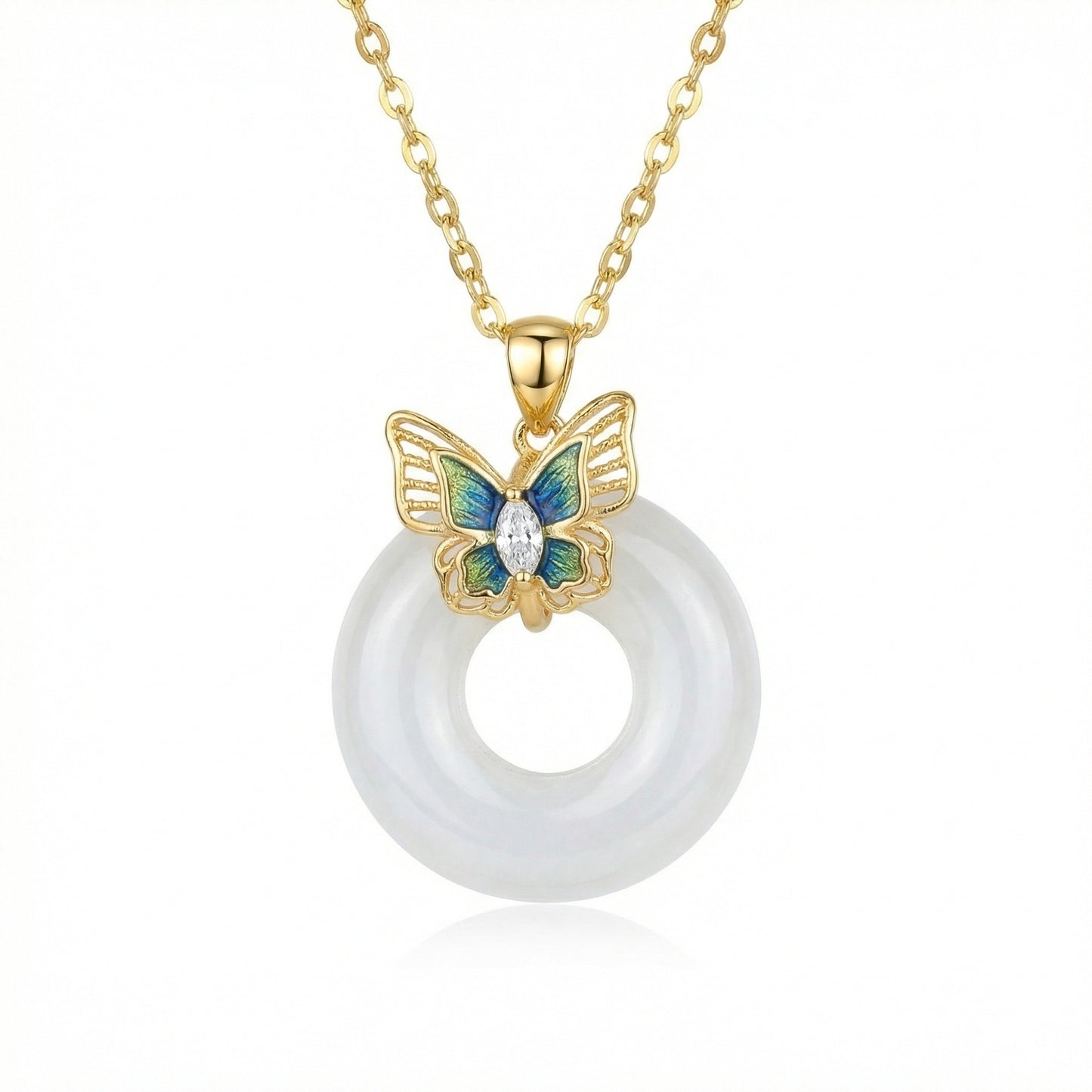 925 Sterling Silver Enchanted Butterfly Enamel and White Translucent Stone Donut Pendant Necklace