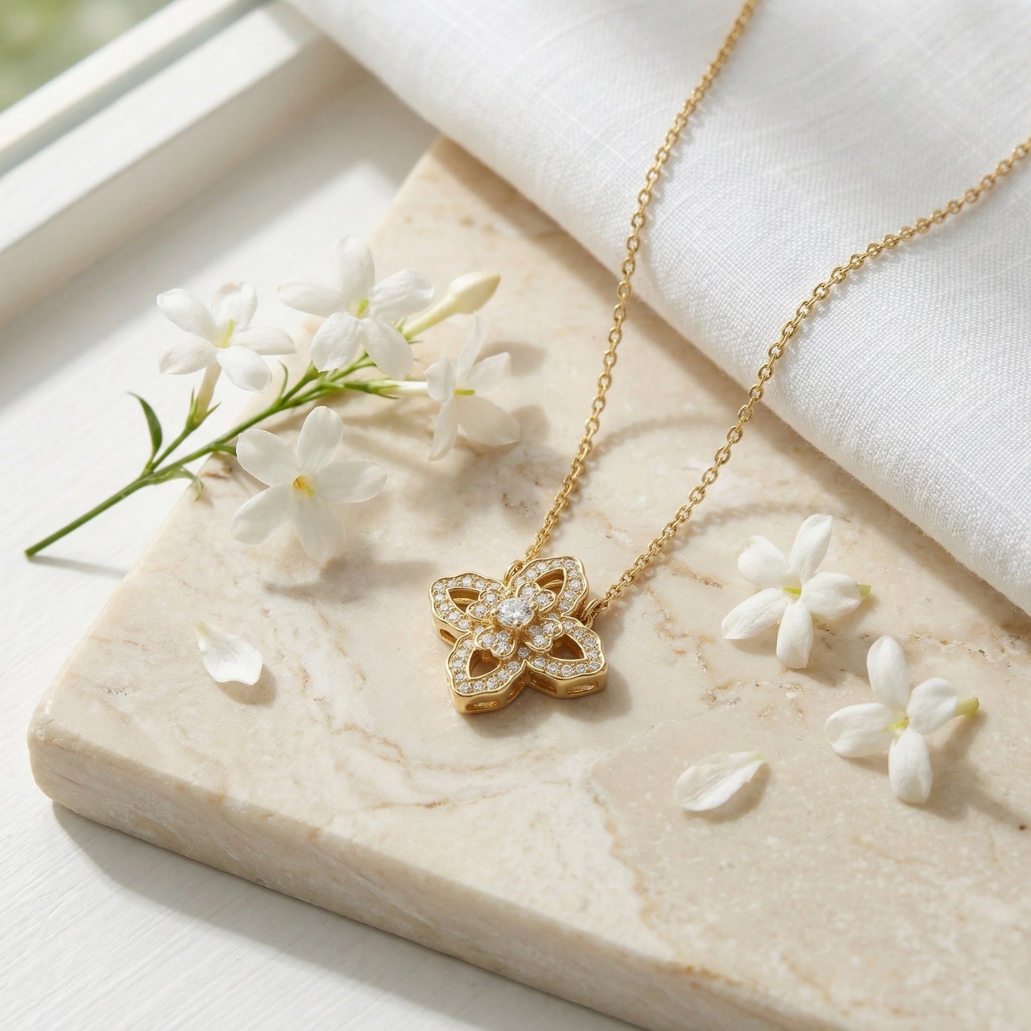 925 Sterling Silver Elegant Diamond Encrusted Four-Petal Floral Pendant on a Delicate Chain