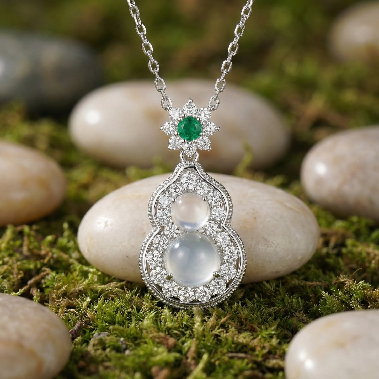 925 Sterling Silver Elegant Hulu Pendant Necklace with Translucent Moonstones and Green Emerald Accent
