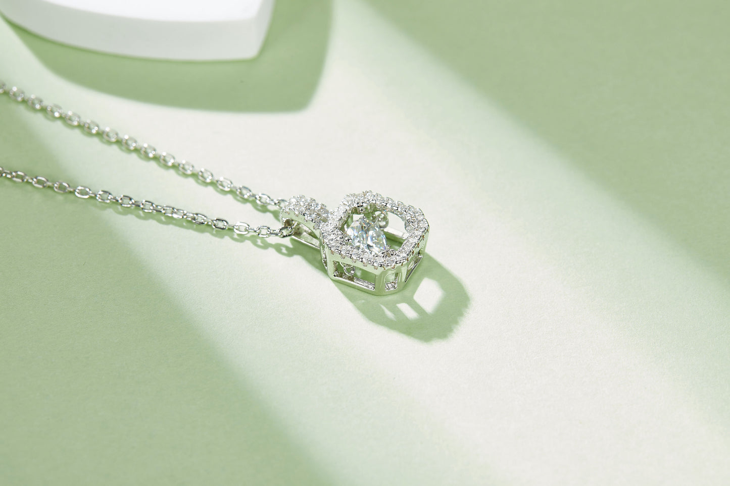 "Dancing Stone" Moissanite Square Halo Necklace in S925 Sterling Silver | D Color VVS1 Platinum Plated