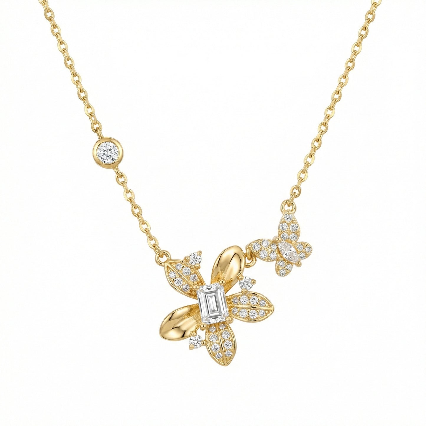 925 Sterling Silver Exquisite Diamond Flower and Butterfly Pendant Necklace with Emerald-Cut Centerpiece and Bezel-Set Accents
