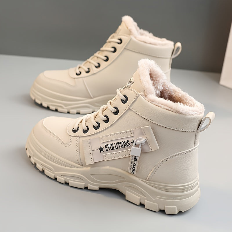 Women'S Winter High-Top Boots - Warm Fleece-Lined Ankle Boots with Thick Sole, Lace-Up Casual Style