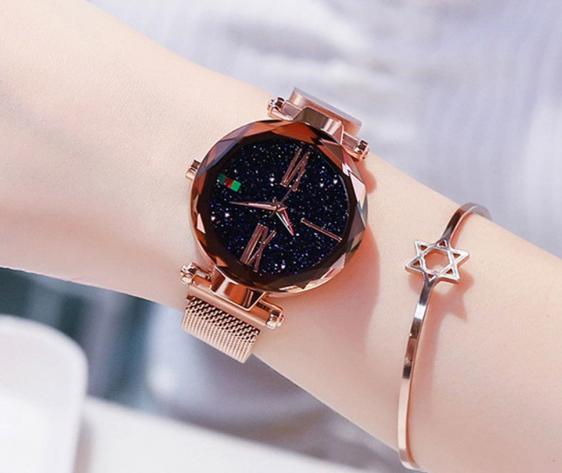 Starry Sky Women's Watch - Magnetic Mesh Band & Faceted Crystal Dial