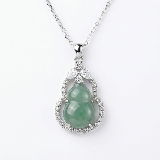 925 Sterling Silver Elegant Green Jadeite Hulu Gourd Pendant Necklace with Shimmering Stone Accents