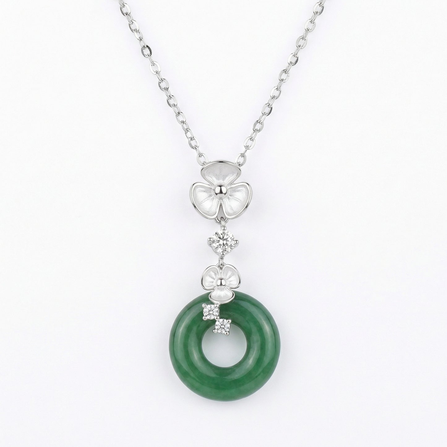 925 Sterling Silver Elegant Silver Green Jade Donut Pendant Necklace with Floral and Gemstone Accents