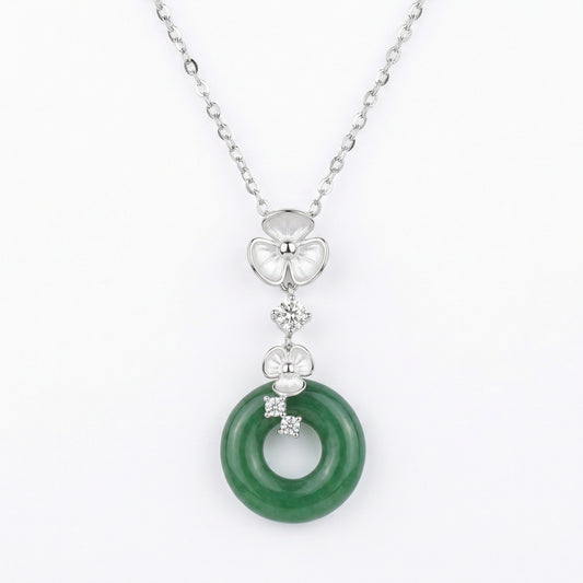 925 Sterling Silver Elegant Silver Green Jade Donut Pendant Necklace with Floral and Gemstone Accents