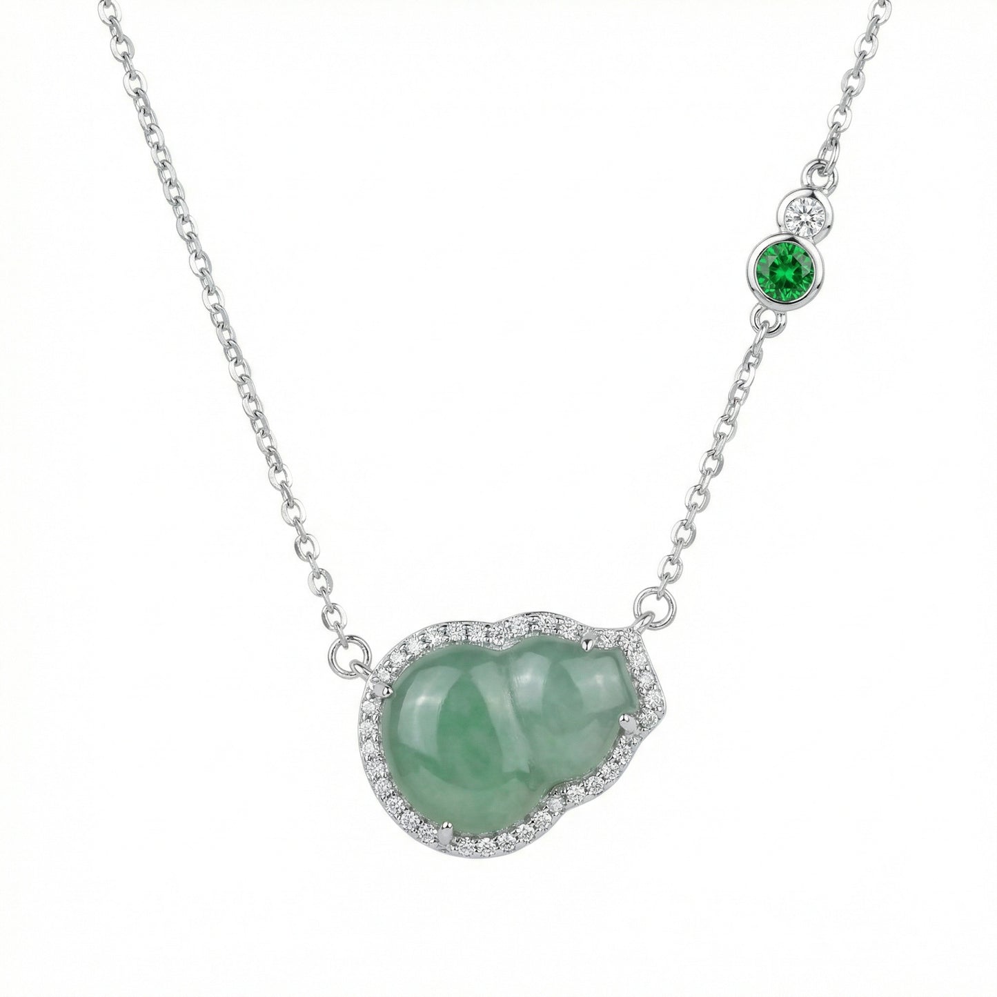 925 Sterling Silver Elegant Jadeite Gourd Pendant Necklace with Diamond Halo and Emerald Accent