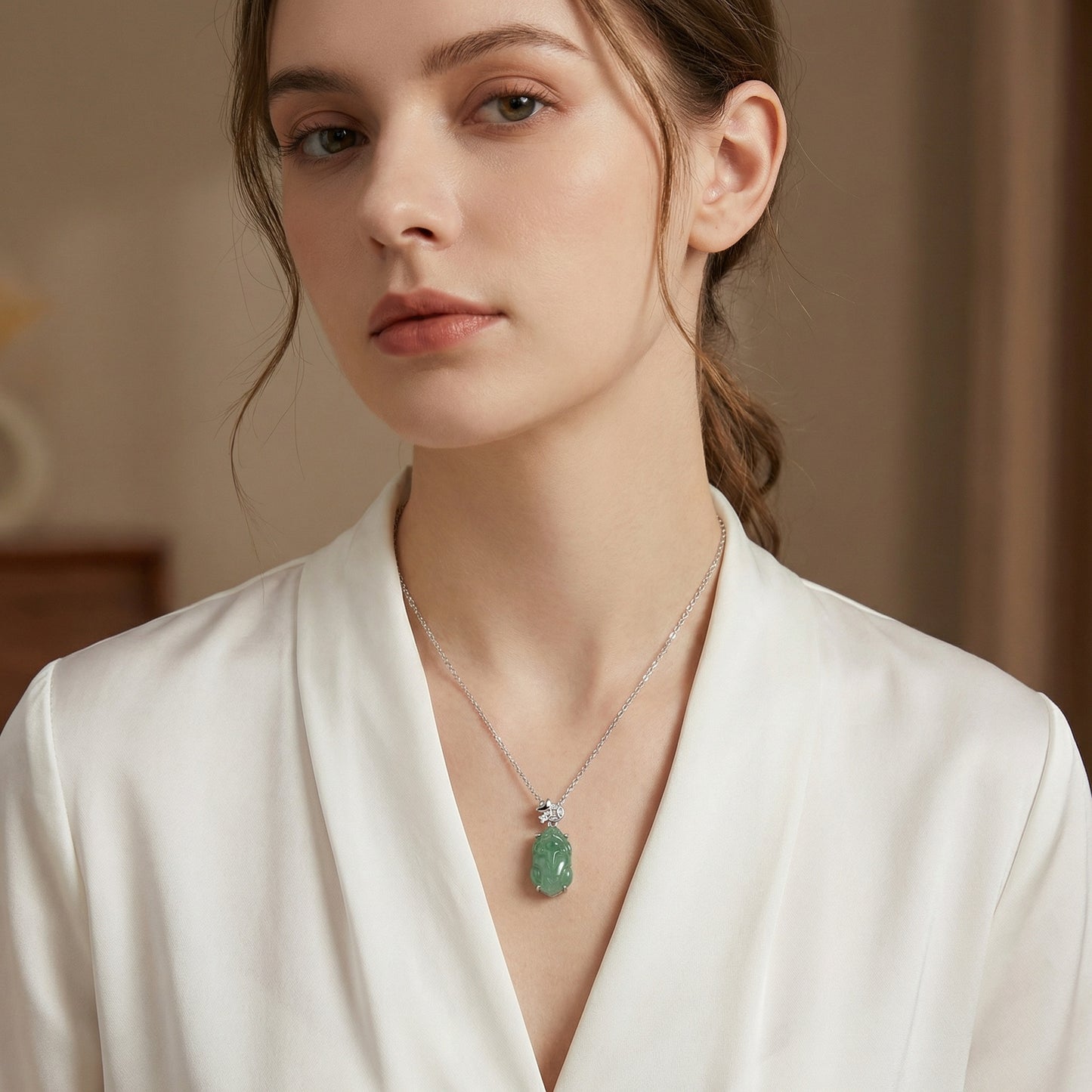 925 Sterling Silver Green Jade Pixiu Pendant Necklace with Silver Ingot and Coin Accents
