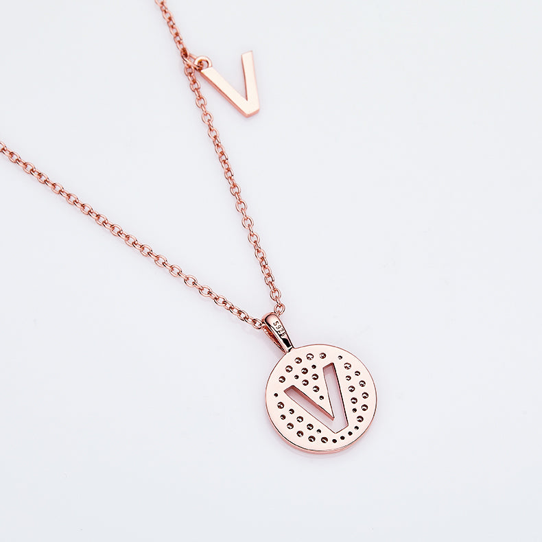 Luxury Initial Letter Necklace Pendant – V , S925 Silver Rose Gold Plated with Top-Quality Brilliant Moissanite