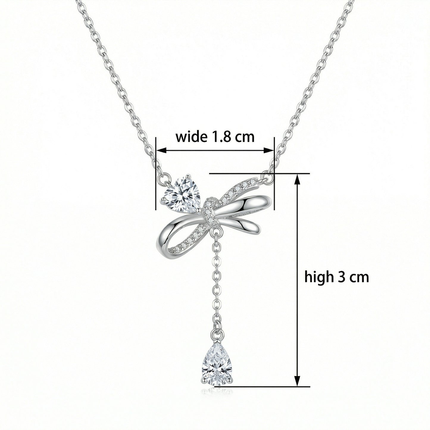 925 Sterling Silver Elegant Silver Bow Necklace Featuring Sparkling Heart and Pear-Cut Zirconia Accents