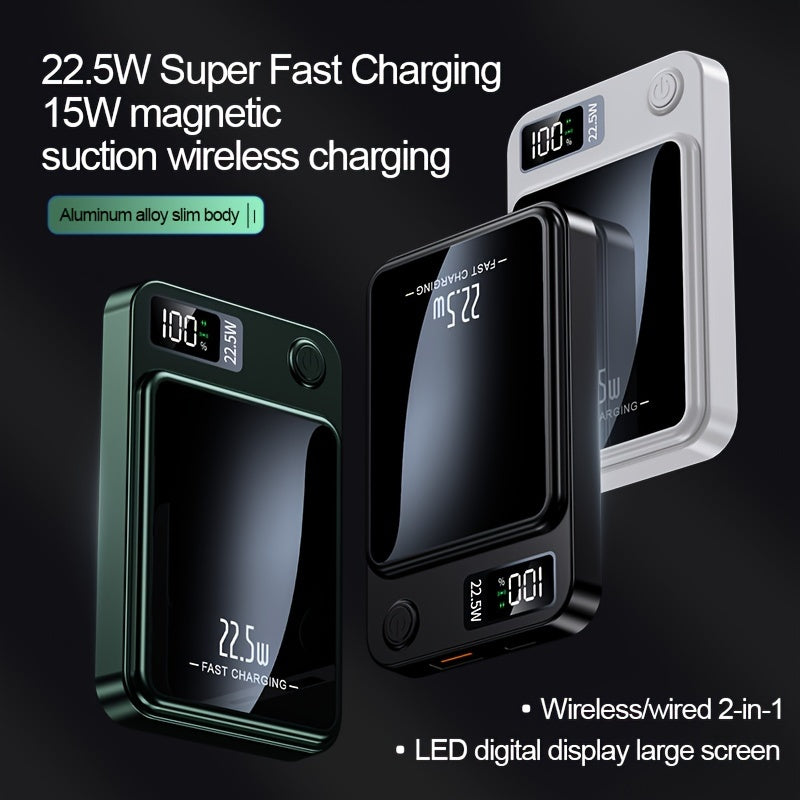Ultra-Thin Magnetic Wireless Power Bank 10000mAh – 22.5W Super Fast Charging, PD 20W, 15W Wireless, LED Display, USB-C & Dual USB