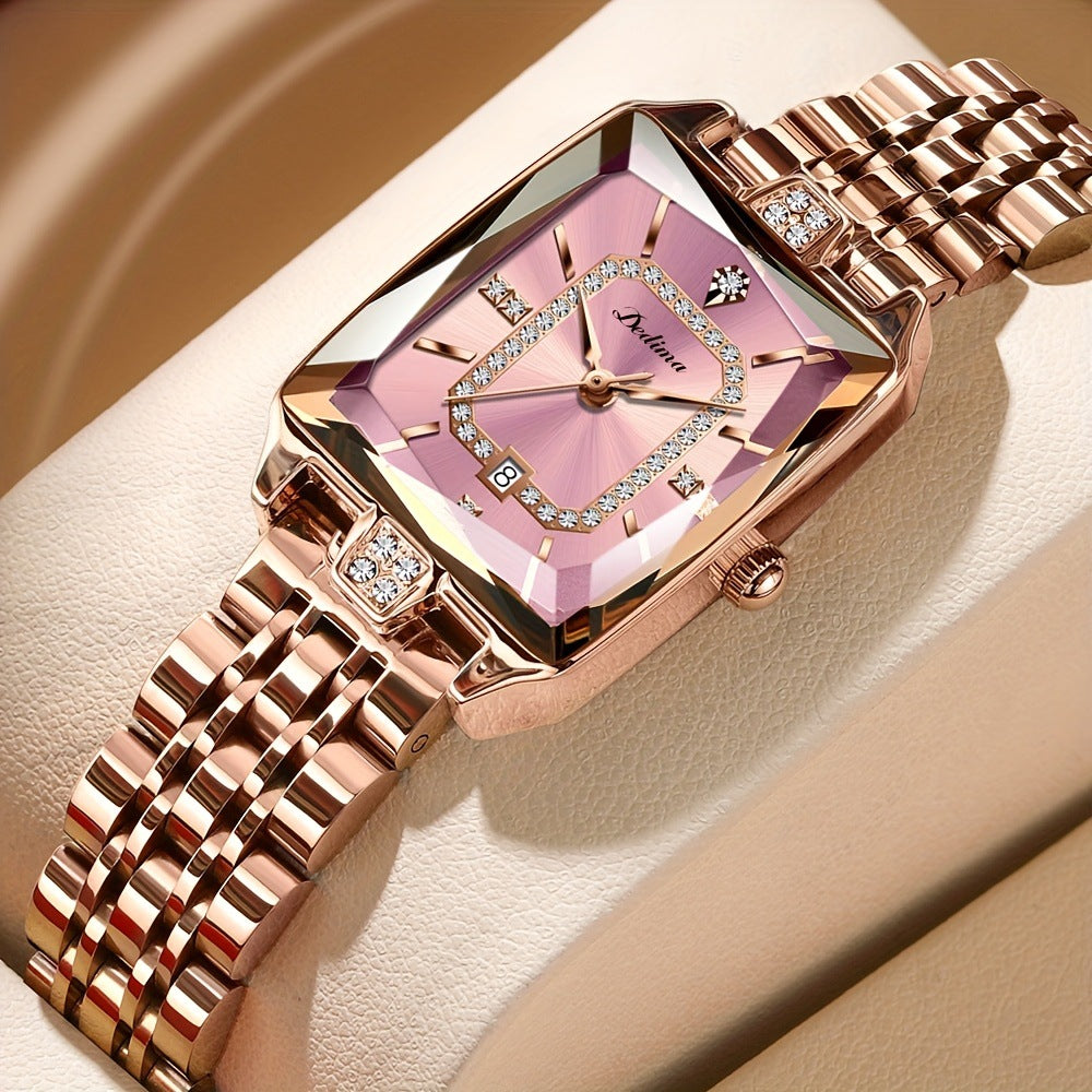 High-end Square Dial Women's Watch - Rose Gold Stainless Steel, Date Display & Zircon Accents