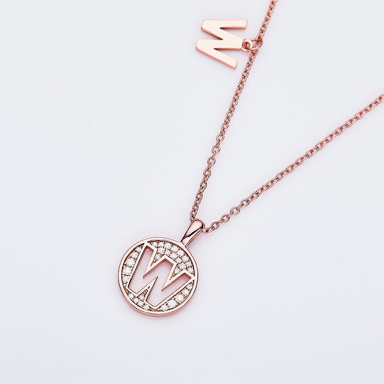 Luxury Initial Letter Necklace Pendant – W , S925 Silver Rose Gold Plated with Top-Quality Brilliant Moissanite