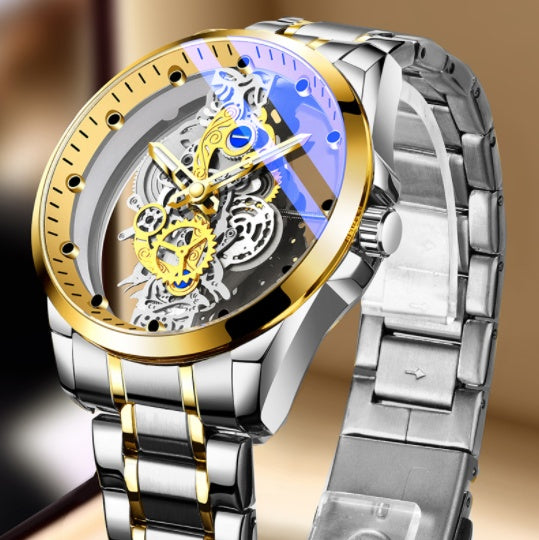 Luxurious Gold Plated Skeleton Quartz Watch for Men